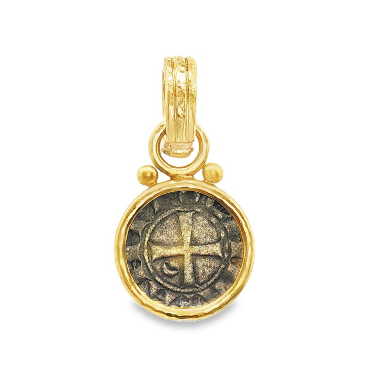 19K yellow gold pendant set with one ancient silver 'Crusader' roman coin from ELIZABETH LOCKE.