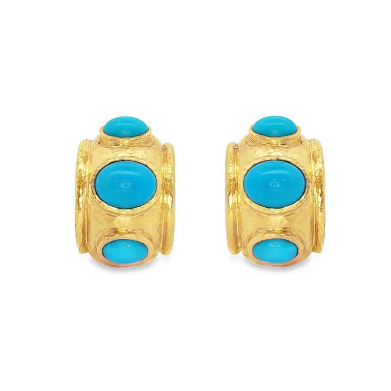 19K yellow gold earrings set with 6 round turquoise cabochon from ELIZABETH LOCKE.