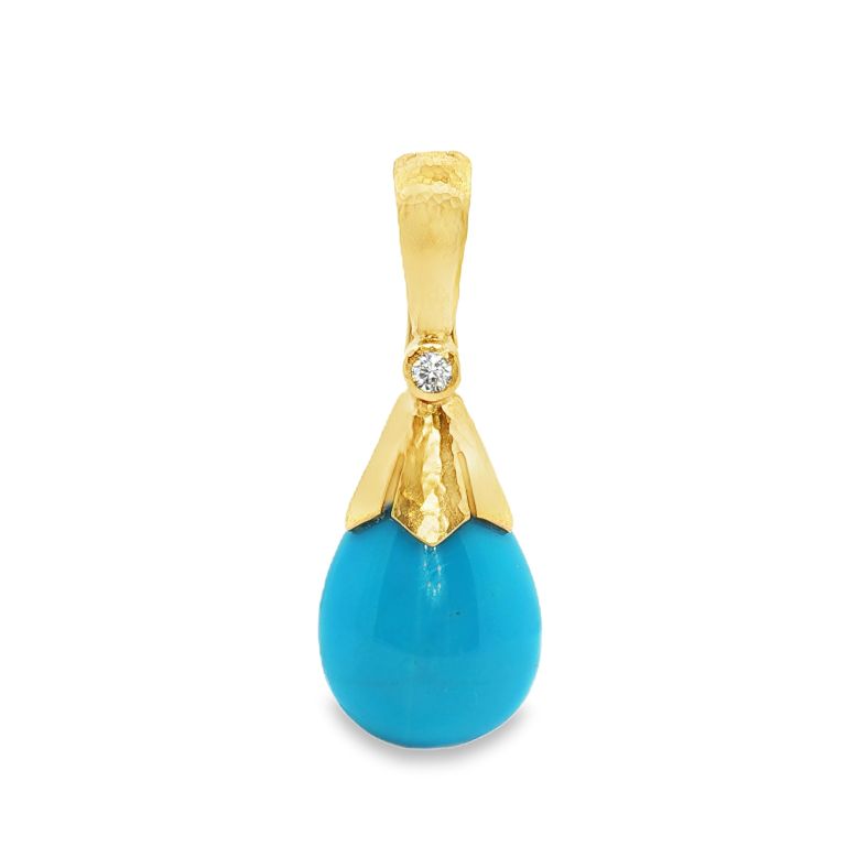 19K yellow gold diamond and turquoise drop pendant from ELIZABETH LOCKE.
