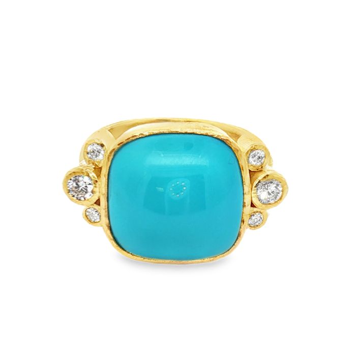 19K yellow gold diamond and cushion shaped turquoise ring from ELIZABETH LOCKE.