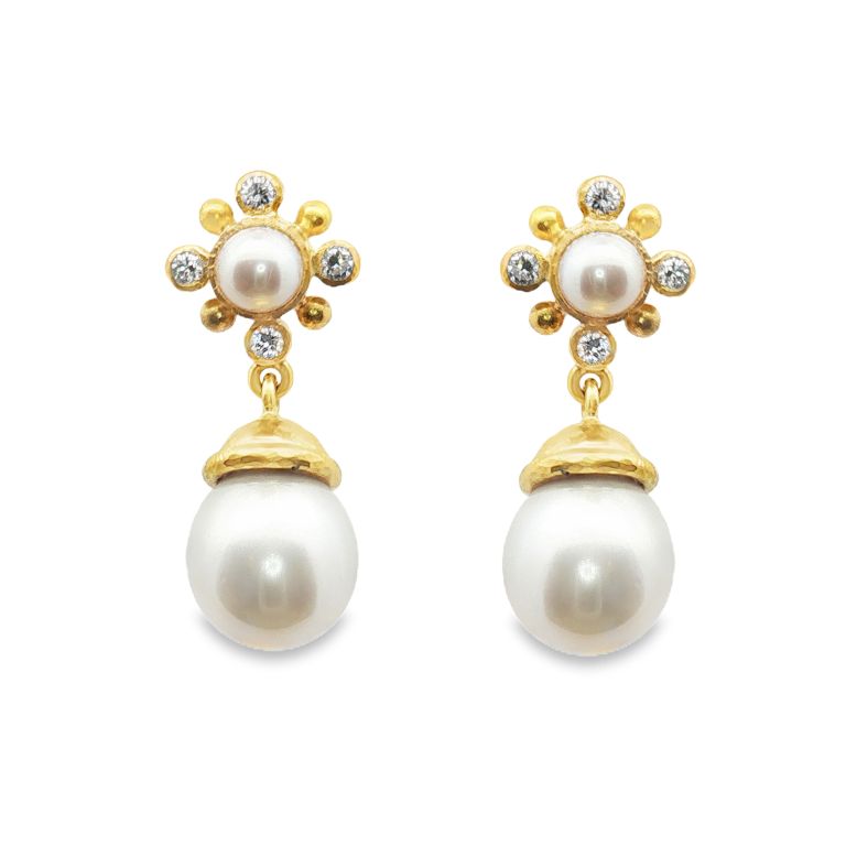 19K yellow gold pearl and diamond drop earrings from ELIZABETH LOCKE.