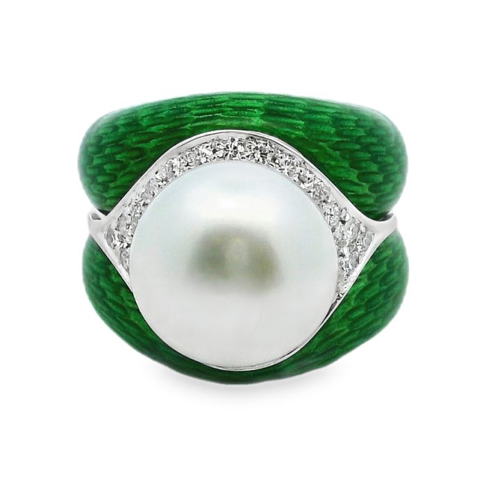 18K Yellow and White Gold Cultured Freshwater Pearl Diamond Enamel Ring