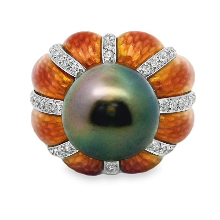 18K Yellow and White Gold Tahitian Pearl Enamel Diamond Ring