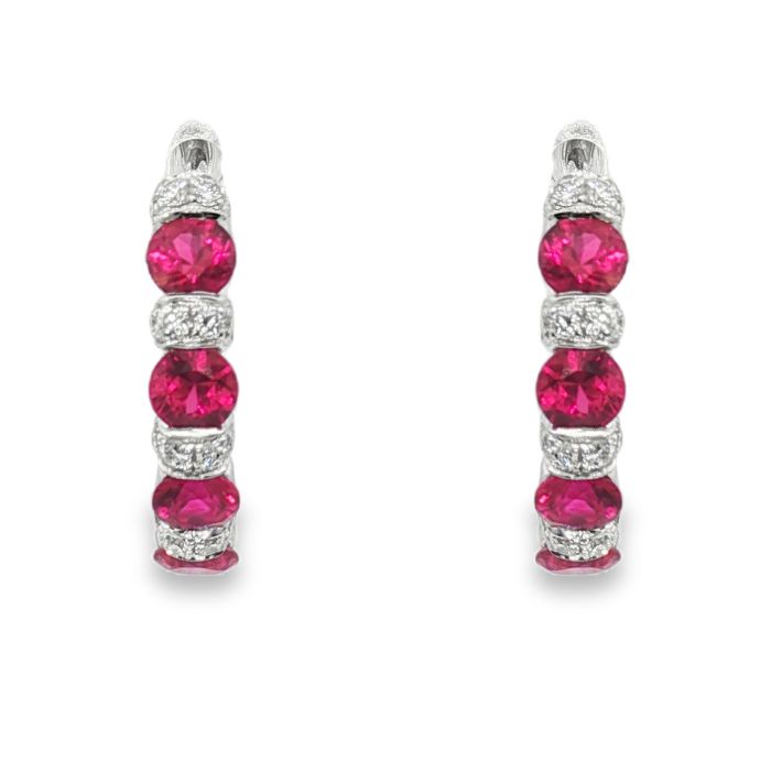 Pair of 18K White Gold Ruby and Diamond Hoop Earrings set with 30 Diamonds (GH/VS) (0.26ctw) and 8 Round Rubies (1.04ctw)