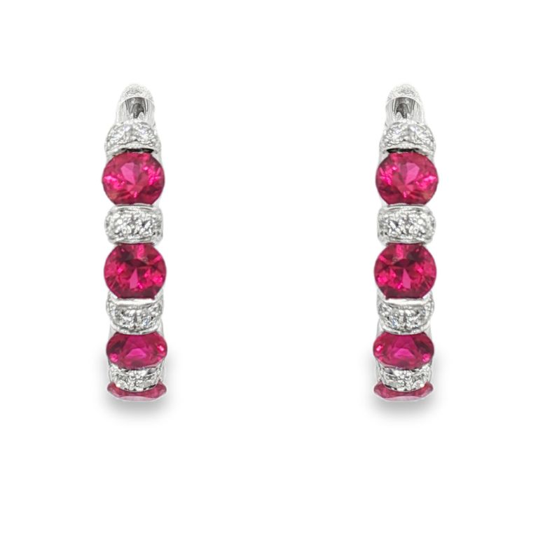 Pair of 18K White Gold Ruby and Diamond Hoop Earrings set with 30 Diamonds (GH/VS) (0.26ctw) and 8 Round Rubies (1.04ctw)