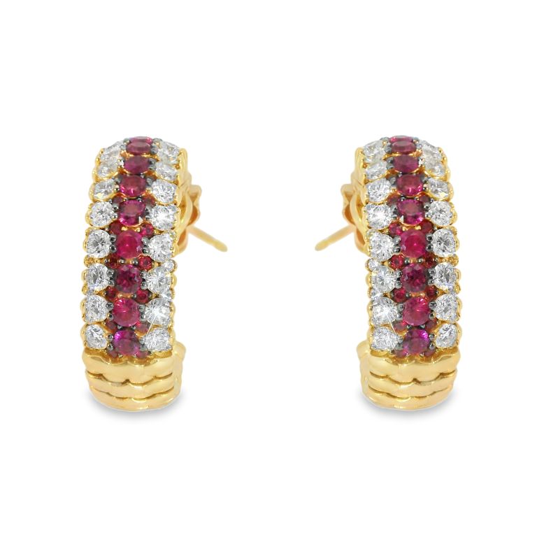 18K Rose Gold Ruby and Diamond Earrings Set with 80 Round Rubies (2.09ctw) and 110 Round Diamonds (2.71ctw) (FG/VS2-SI1)