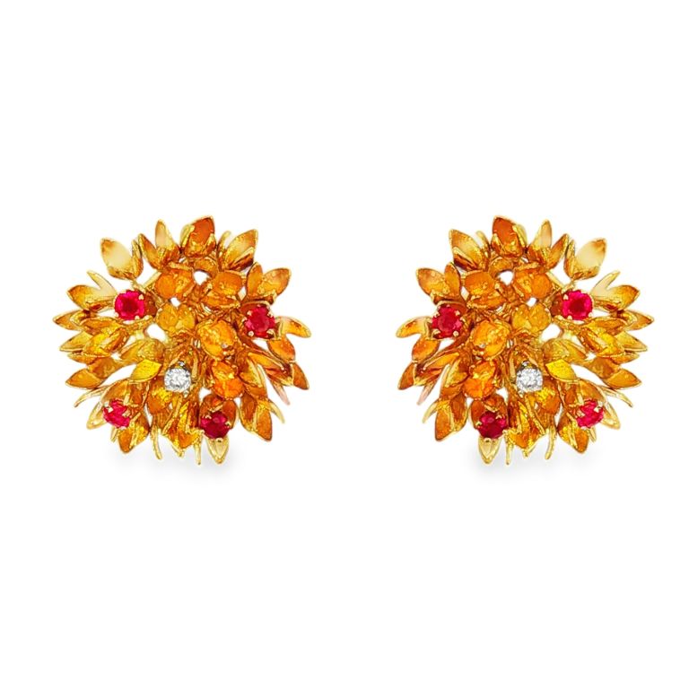 18K Yellow Gold Ruby and Diamond Earclips Set with 8 Round Rubies and Two Round Diamonds