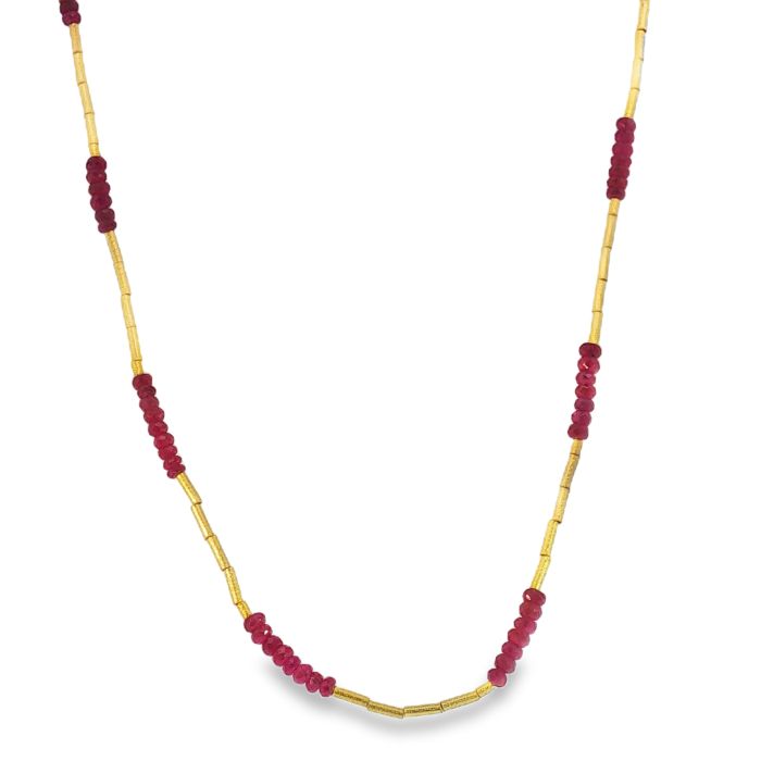 24K Yellow Gold Single Strand Featuring Faceted Ruby Beads with Gold Tubes & Seed Pearls (8.00ctw) 16" with 18K Yellow Gold Mini Lobster Clasp
