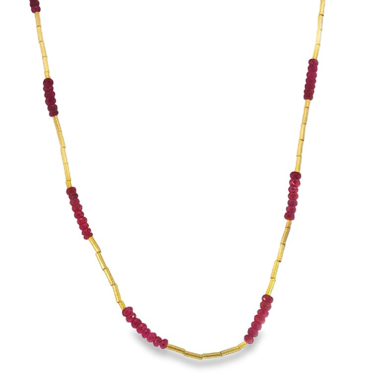24K Yellow Gold Single Strand Featuring Faceted Ruby Beads with Gold Tubes & Seed Pearls (8.00ctw) 16" with 18K Yellow Gold Mini Lobster Clasp
