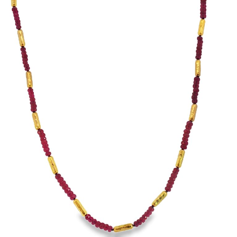 24K Yellow Gold Single Strand Featuring Faceted Ruby Beads with Gold Tubes (12.10ctw) 16" with 18K Yellow Gold Lobster Clasp