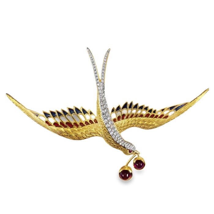18K Yellow Gold Ruby & Enamel Swallow Bird with Ruby Eyes Necklace
