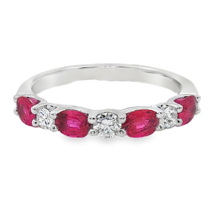 18K White Gold Ruby and Diamond Partway Ring with 3 Round Diamonds (0.21ctw) and 4 Oval Rubies (0.92ctw)