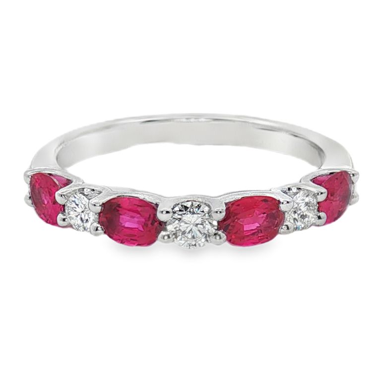 18K White Gold Ruby and Diamond Partway Ring with 3 Round Diamonds (0.21ctw) and 4 Oval Rubies (0.92ctw)