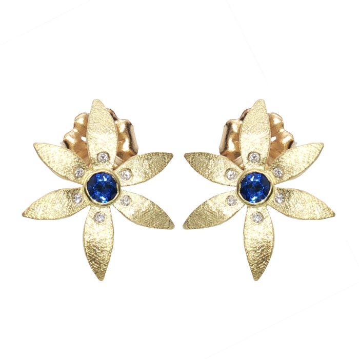 Pair of 18K Yellow Gold Sapphire and Diamond Earrings set with Two Round Blue Sapphires (0.24ctw) and 12 Round Diamonds (0.06ctw) (FG/VS)