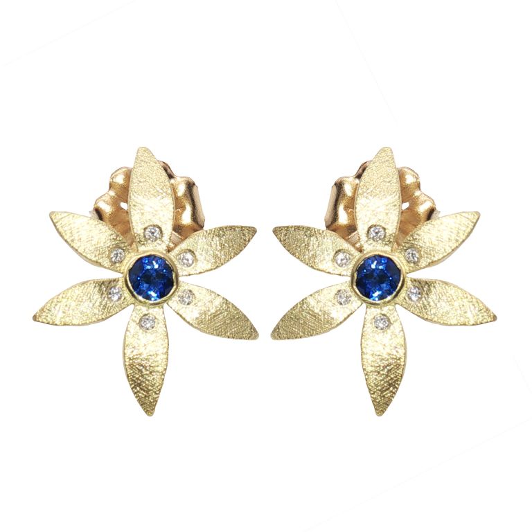 Pair of 18K Yellow Gold Sapphire and Diamond Earrings set with Two Round Blue Sapphires (0.24ctw) and 12 Round Diamonds (0.06ctw) (FG/VS)