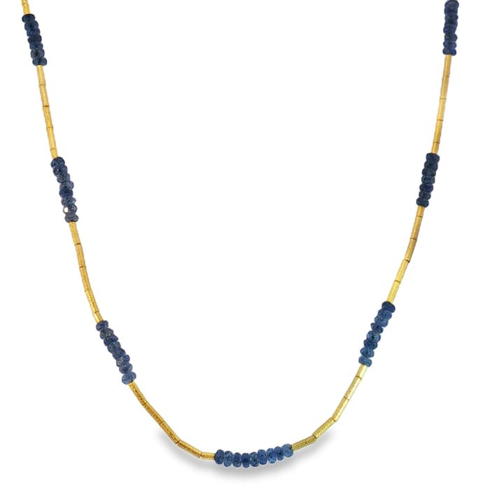 24K Yellow Gold Sapphire Bead Necklace with Sapphire Beads and Seed Pearl Accents (10.80ctw) with 18K Yellow Gold Mini Lobster Clasp 16" Length