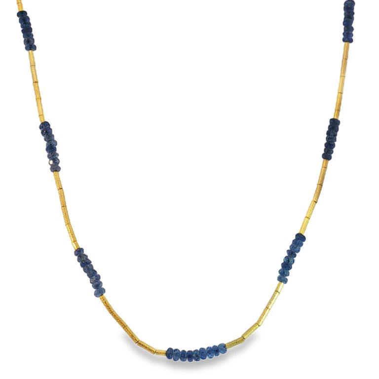 24K Yellow Gold Sapphire Bead Necklace with Sapphire Beads and Seed Pearl Accents (10.80ctw) with 18K Yellow Gold Mini Lobster Clasp 16" Length