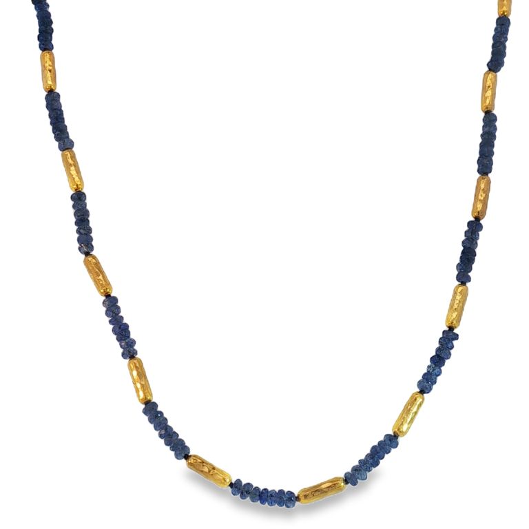 24K Yellow Gold Single Strand Featuring Faceted Sapphire Beads with Gold Tubes (16.20ctw) 16" with 18K Yellow Gold Lobster Clasp