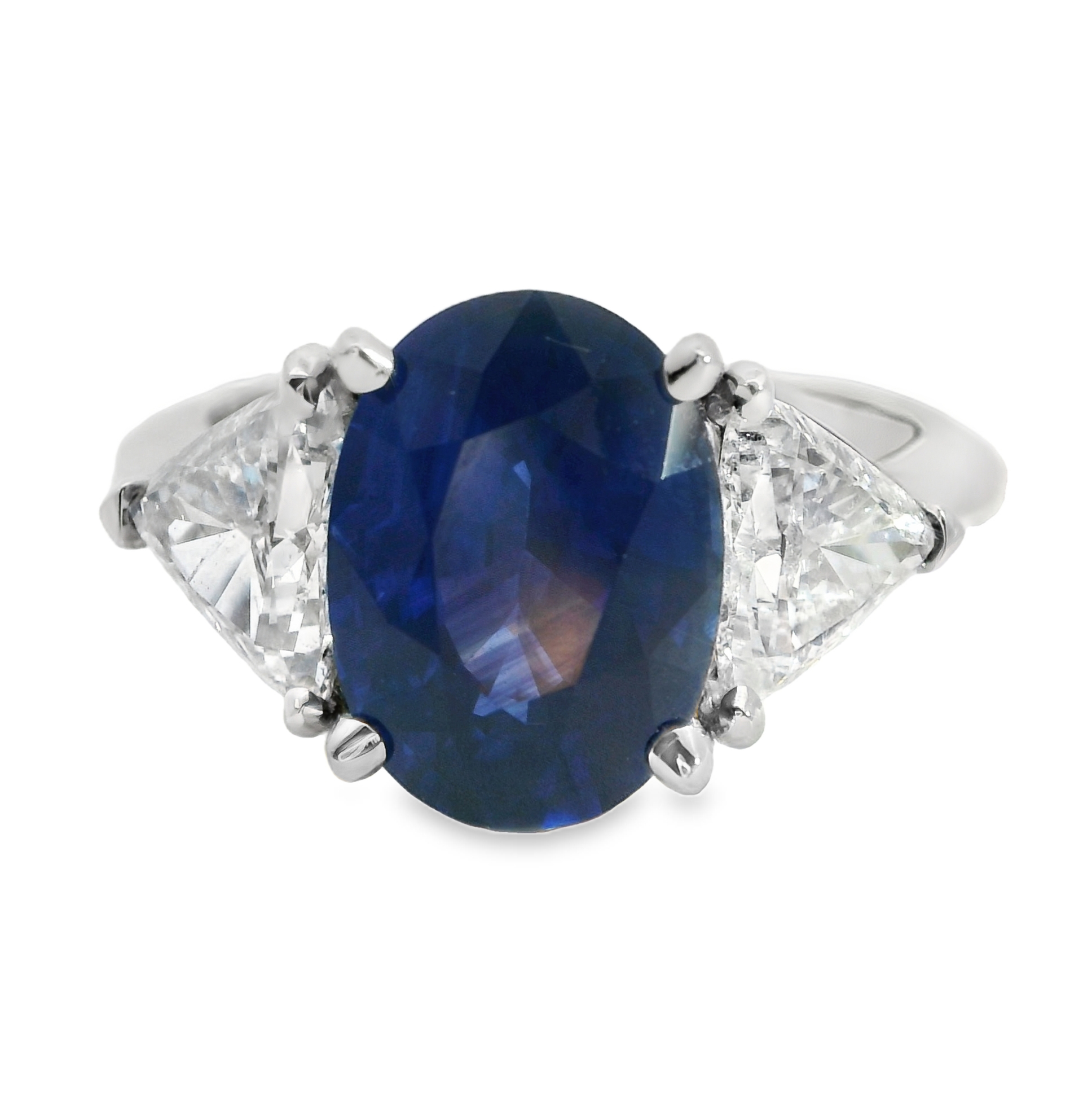 Platinum Oval Shaped Sapphire Ring Set with One Oval Shaped Sapphire (4.67ct) and Two Trilliant Cut Diamonds (1.00ctw) Size 8
