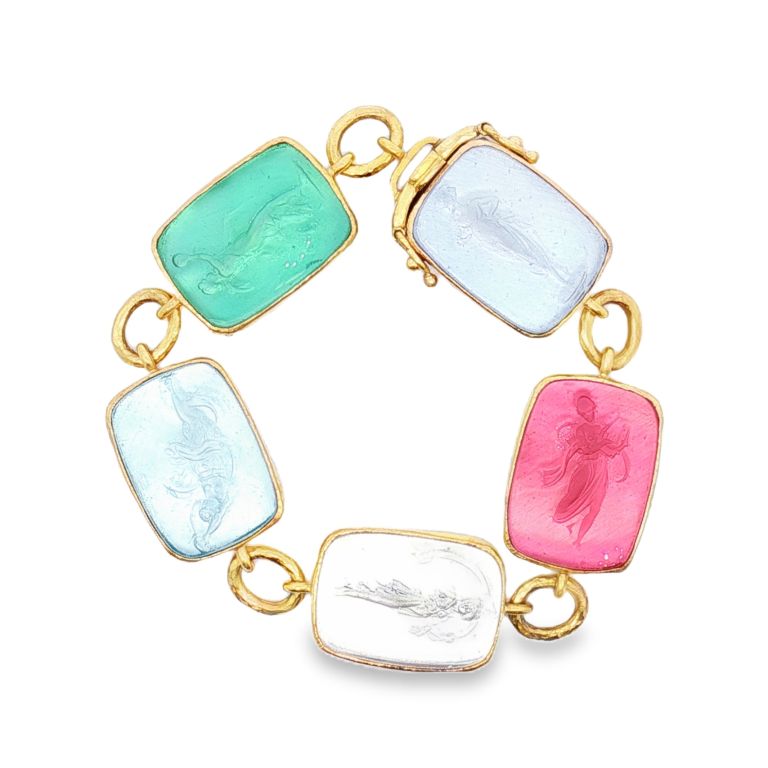 19K yellow gold venetian glass bracelet set with 5 venetian glass intaglios backed by mother of pearl from ELIZABETH LOCKE.