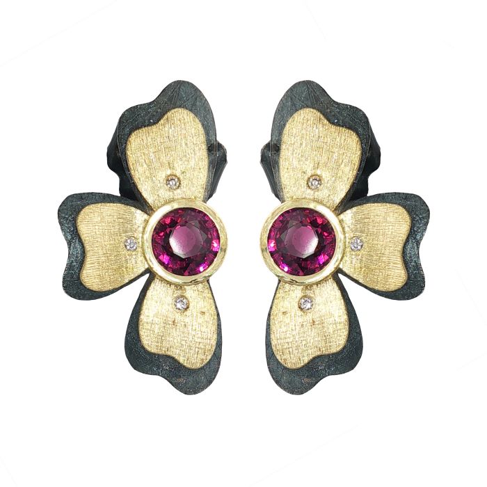 Pair of 18K Yellow Gold and Sterling Silver Garnet and Diamond Earrings set with Two Round Rhodolite Garnets (1.54ctw) and 6 Round Diamonds (0.04ctw) (FG/VS)