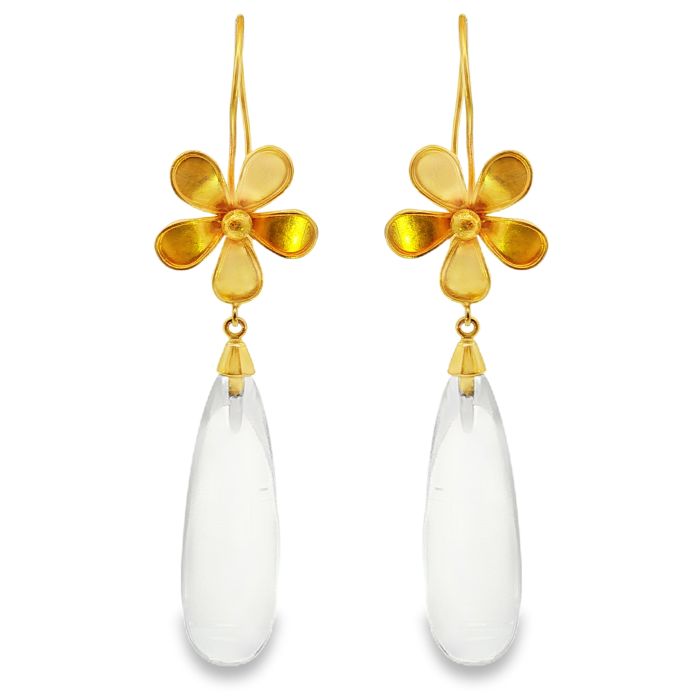 19K Yellow Gold Clear Quartz Flower Earrings Set with Two Oblong Clear Quartz (44.69ctw) on a Shepherd's Hook
