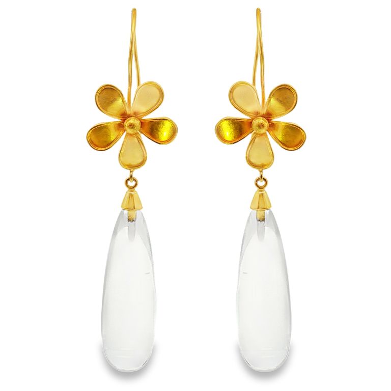 19K Yellow Gold Clear Quartz Flower Earrings Set with Two Oblong Clear Quartz (44.69ctw) on a Shepherd's Hook