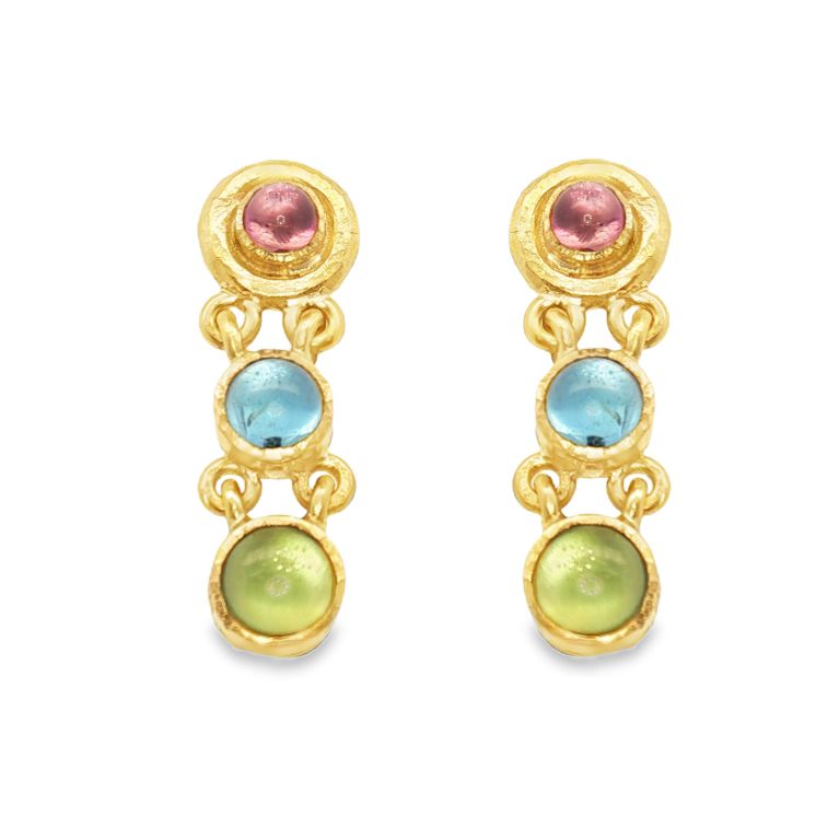 19K yellow gold 'Tutti Frutti' cabochon gemstone earrings set with aquamarine