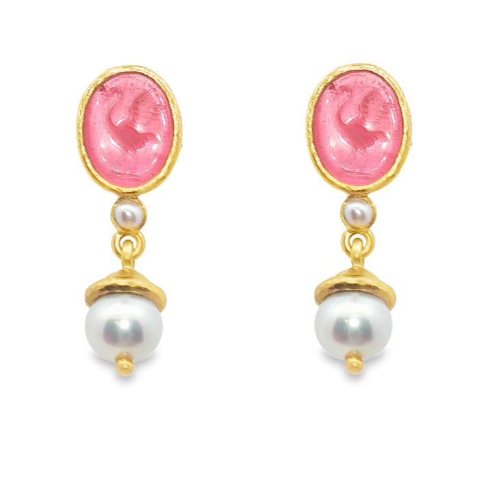 19K yellow gold pink venetian glass earrings set with 2 venetian glass itaglios backed by mother of pearl from ELIZABETH LOCKE.
