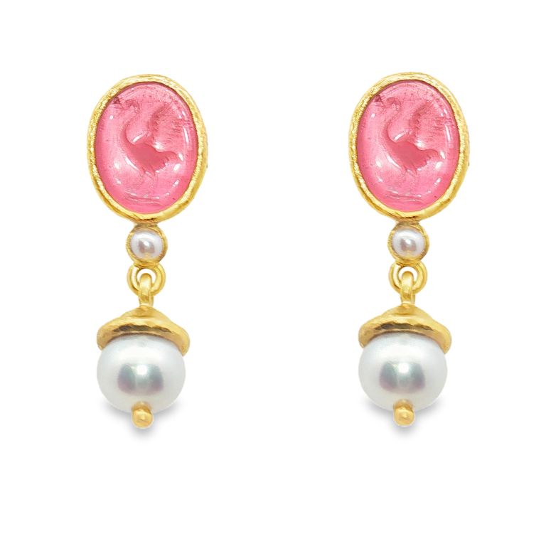 19K yellow gold pink venetian glass earrings set with 2 venetian glass itaglios backed by mother of pearl from ELIZABETH LOCKE.