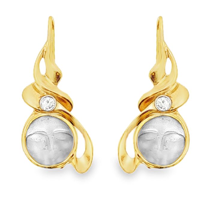 18K Yellow Gold Moonstone and Diamond Earrings with 2 Round Moonstones Carved into a Face Shape and 2 Round Diamonds (0.18ctw) (IJ/SI1)