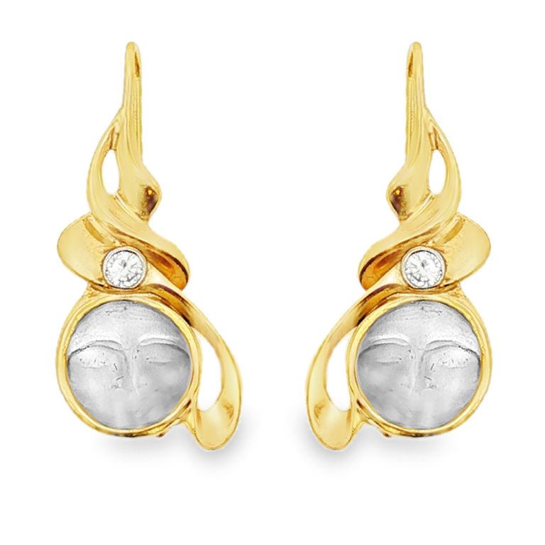 18K Yellow Gold Moonstone and Diamond Earrings with 2 Round Moonstones Carved into a Face Shape and 2 Round Diamonds (0.18ctw) (IJ/SI1)