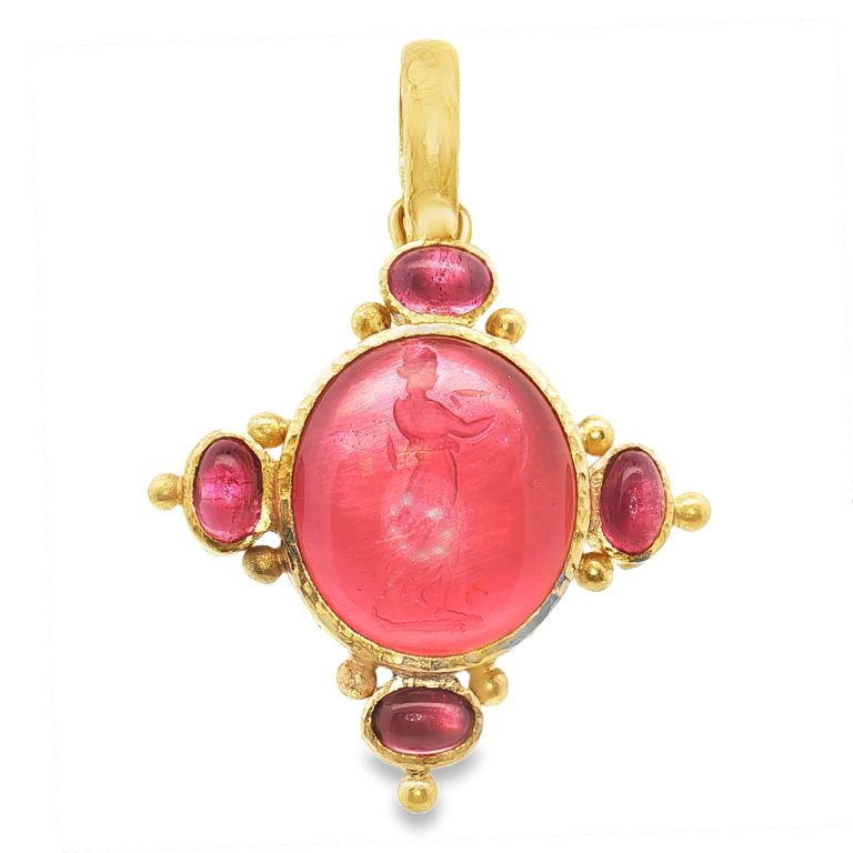 19K Yellow Gold 'Temple Dancer' Pendant with venetian glass and pink tourmalines from ELIZABETH LOCKE.