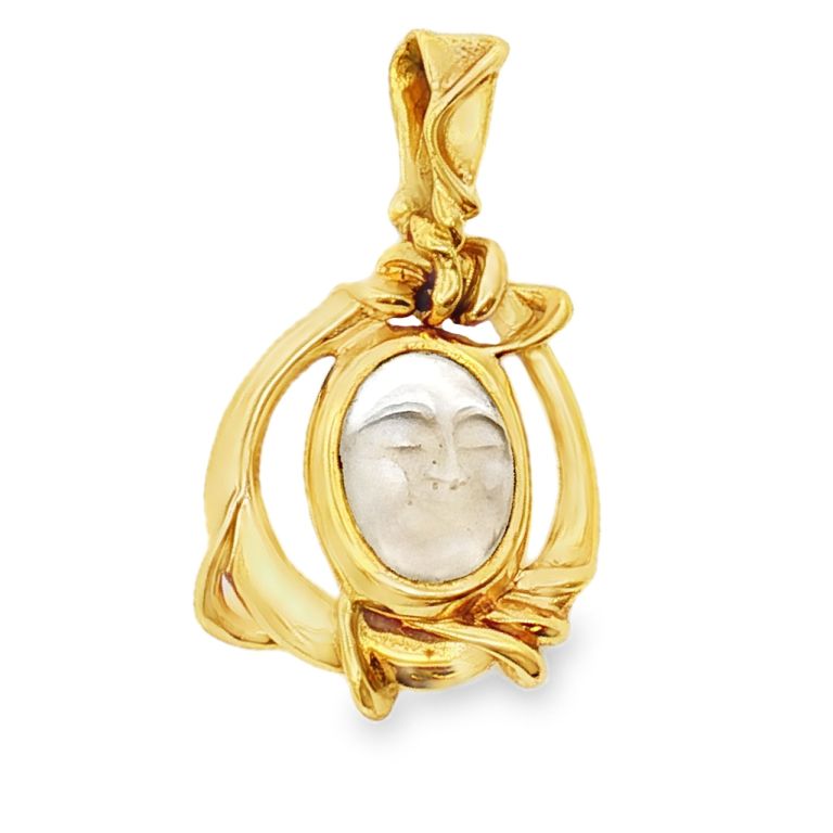 18K Yellow Gold Round Moonstone Pendant with One Round Moonstone Cut into a Face