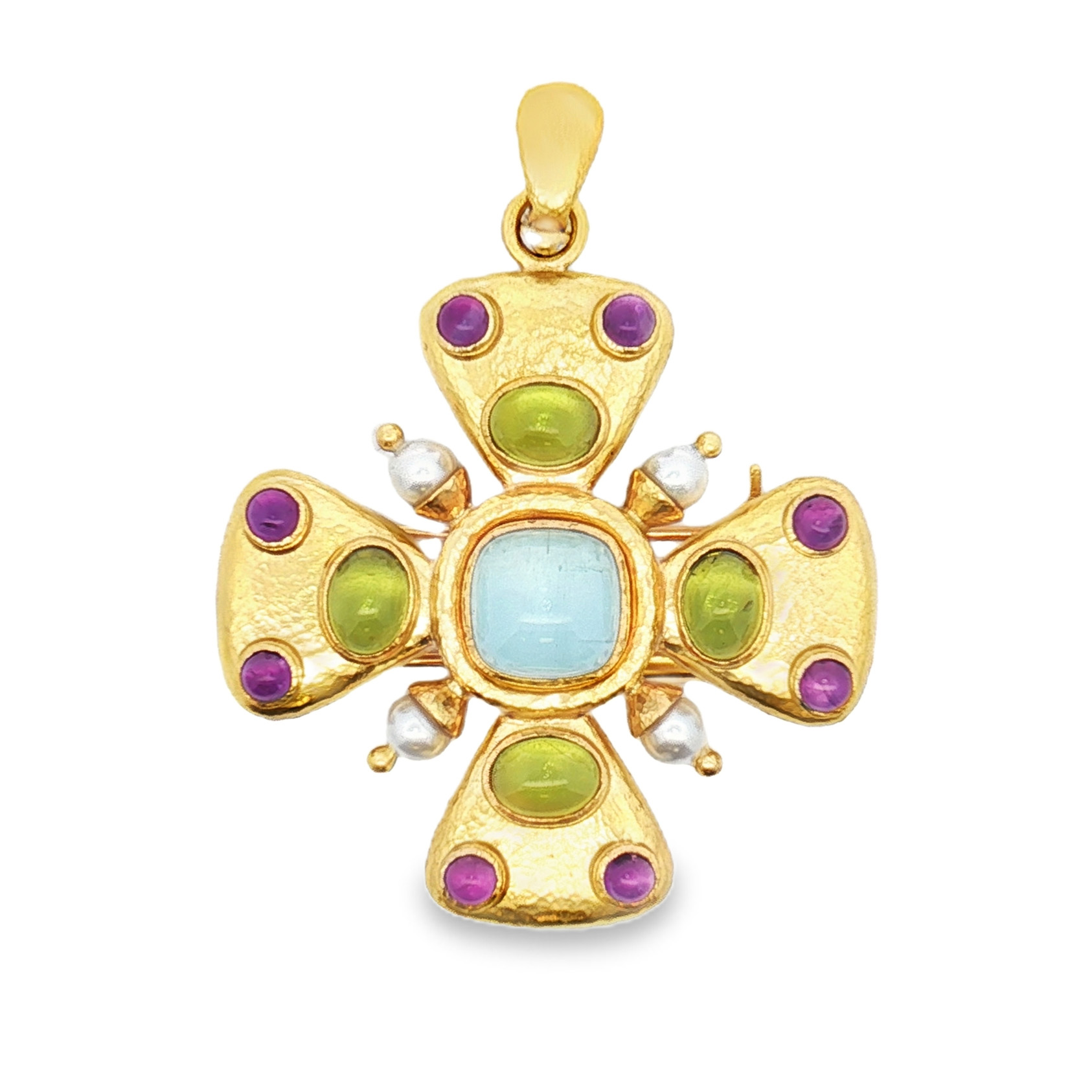 19K yellow gold maltese cross brooch set with aquamarine (6.61ctw)