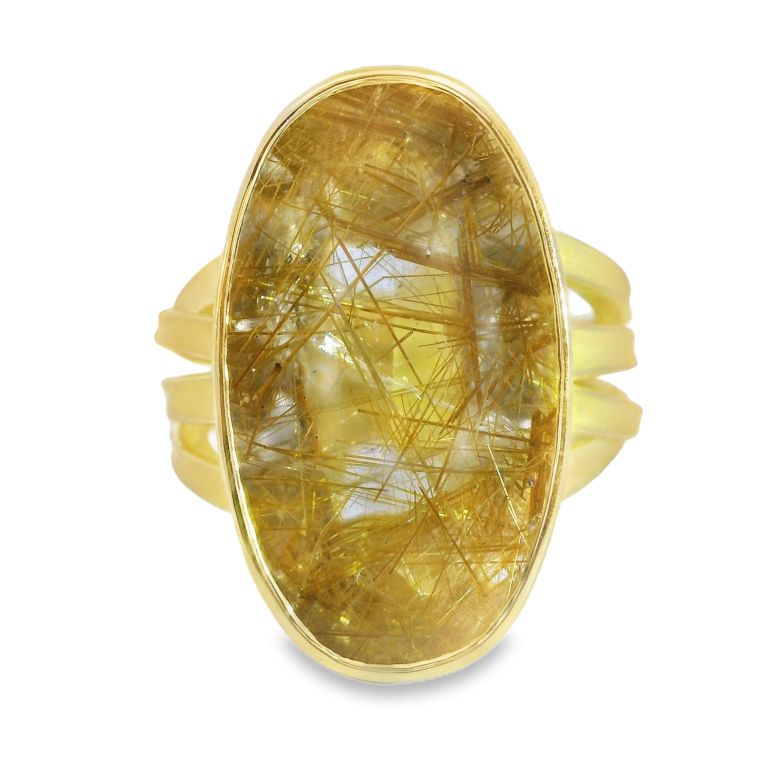 18K Yellow Gold Ring Set with One Large Oval Rutilated Quartz (18.21ct) in a Tapered Bezel on a Two-Tiered Flat Ribbon Band Size 8.25