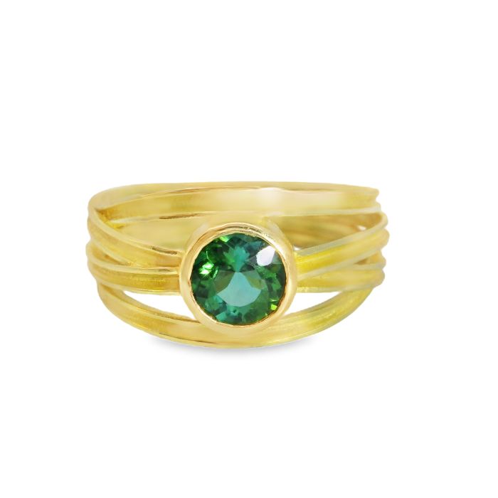 18K Yellow Gold Ring Set with One 5.6mm Round Green Tourmaline (0.74ct) on a Four Ribbon Band Size 8