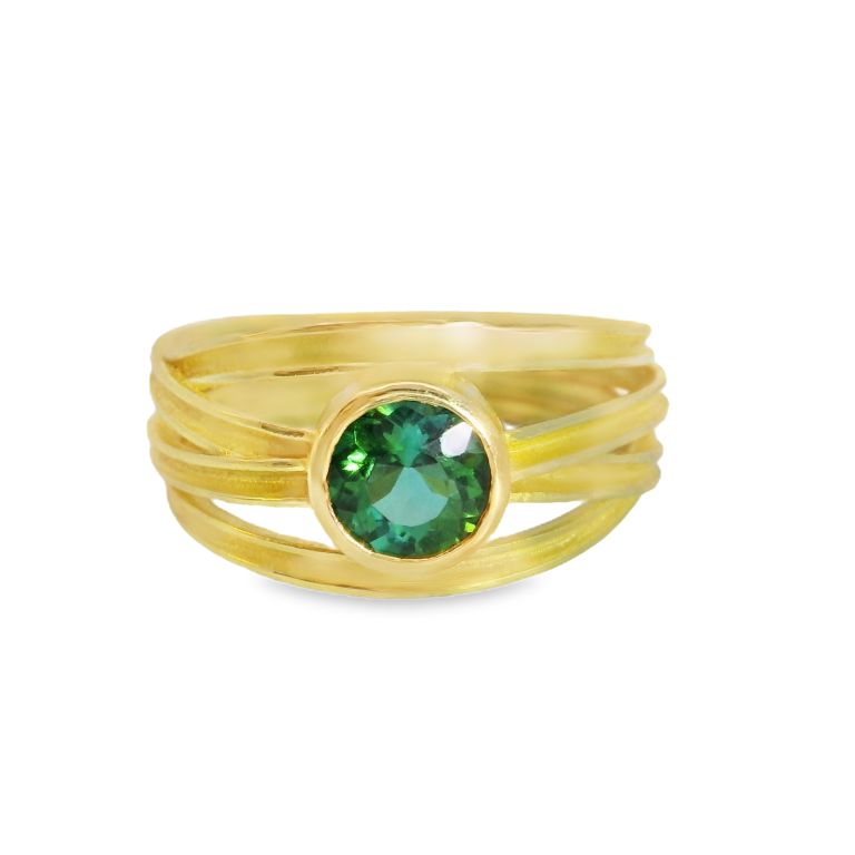 18K Yellow Gold Ring Set with One 5.6mm Round Green Tourmaline (0.74ct) on a Four Ribbon Band Size 8