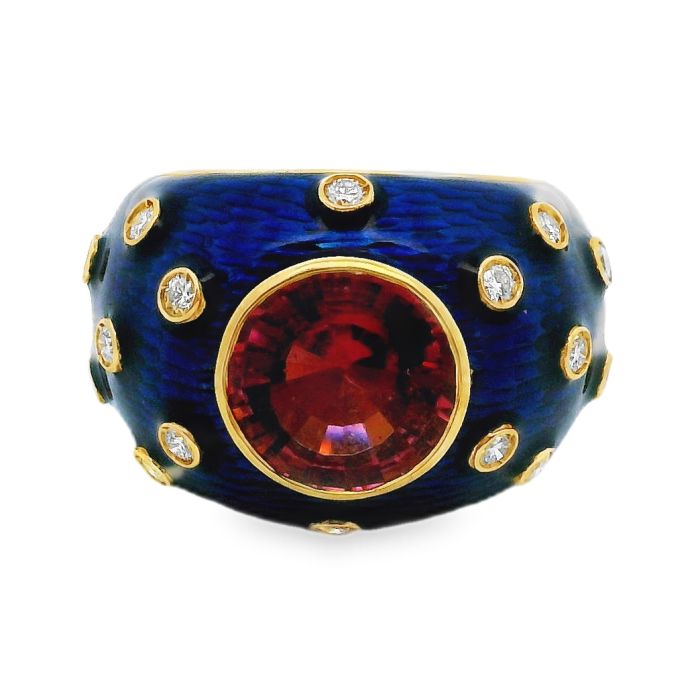 18K Yellow Gold Pink Tourmaline Enamel Ring