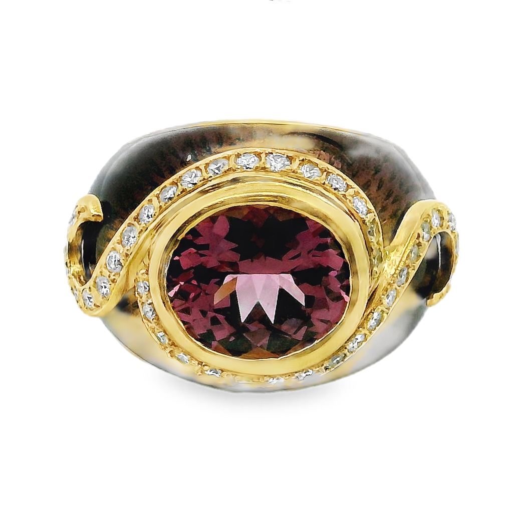 18K Yellow Gold Pink Spinel Enamel Diamond Ring