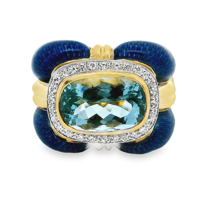 18K Yellow and White Gold Aquamarine Diamond Enamel Ring