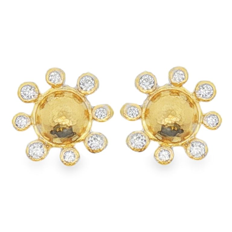 Pair of 19K Hammered Yellow Gold Diamond Earrings Set with 16 Round Diamonds (0.72ctw)