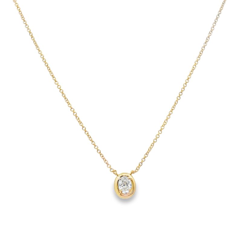 18K Yellow Gold Oval Flat Rim Bezel Pendant Set with One Oval Diamond (0.27ctw)(GH/SI) 16" Length