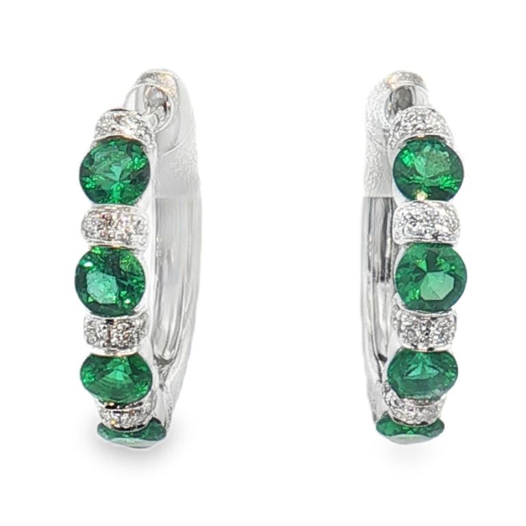 Pair of 18K White Gold 8 Round Emeralds (0.88ctw) and 30 Round Diamonds (0.26ctw)(GH/VS) Hoop Earrings