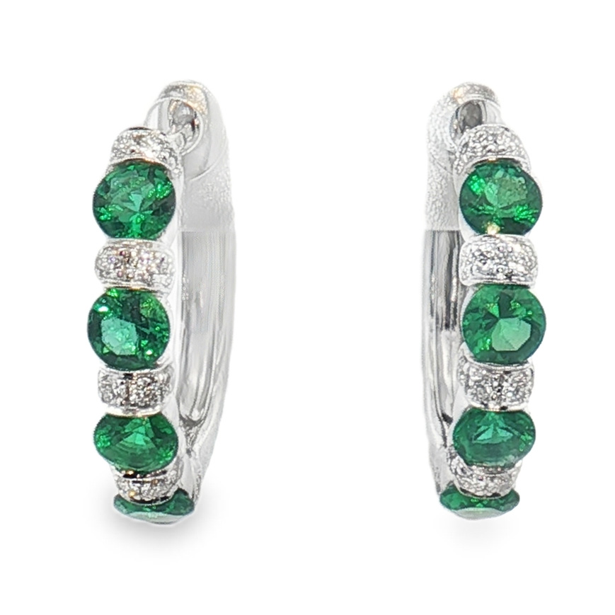 Pair of 18K White Gold 8 Round Emeralds (0.88ctw) and 30 Round Diamonds (0.26ctw)(GH/VS) Hoop Earrings