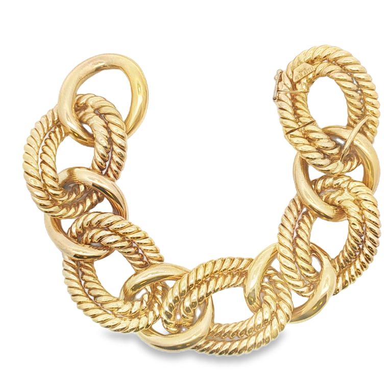 18K Yellow Gold Link Bos Adaire Bracelet with Alternating Double Ribbed and Single Bright Polished Link