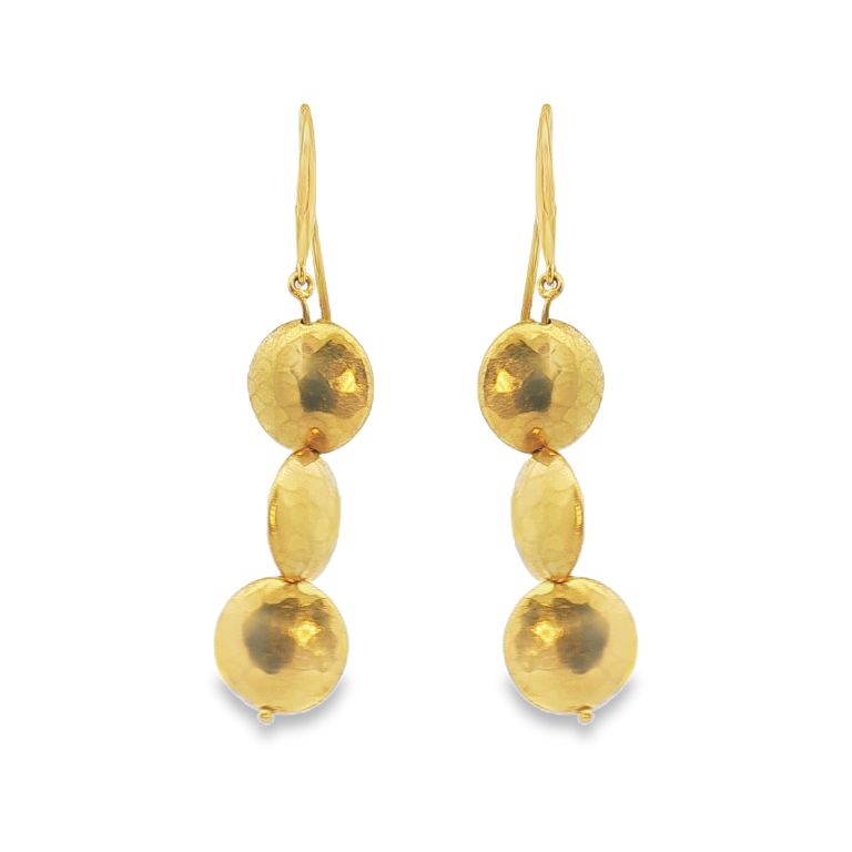 Pair of 18K Yellow Gold 3 Bead Dangle Earrings