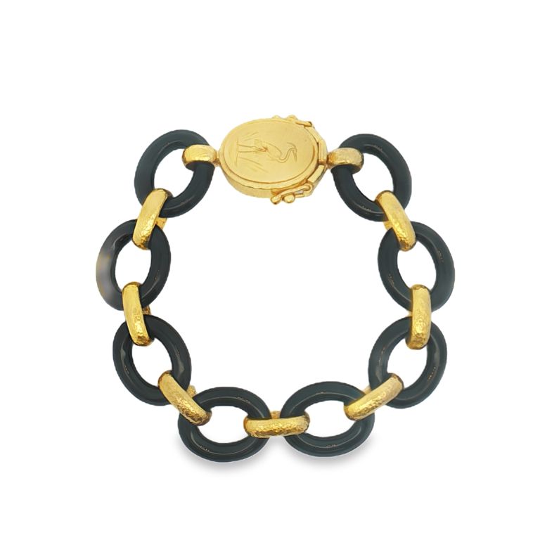 19K Yellow Gold Black Jade Link Bracelet with 8 Black Jade Links and 1 Yellow Gold Heron