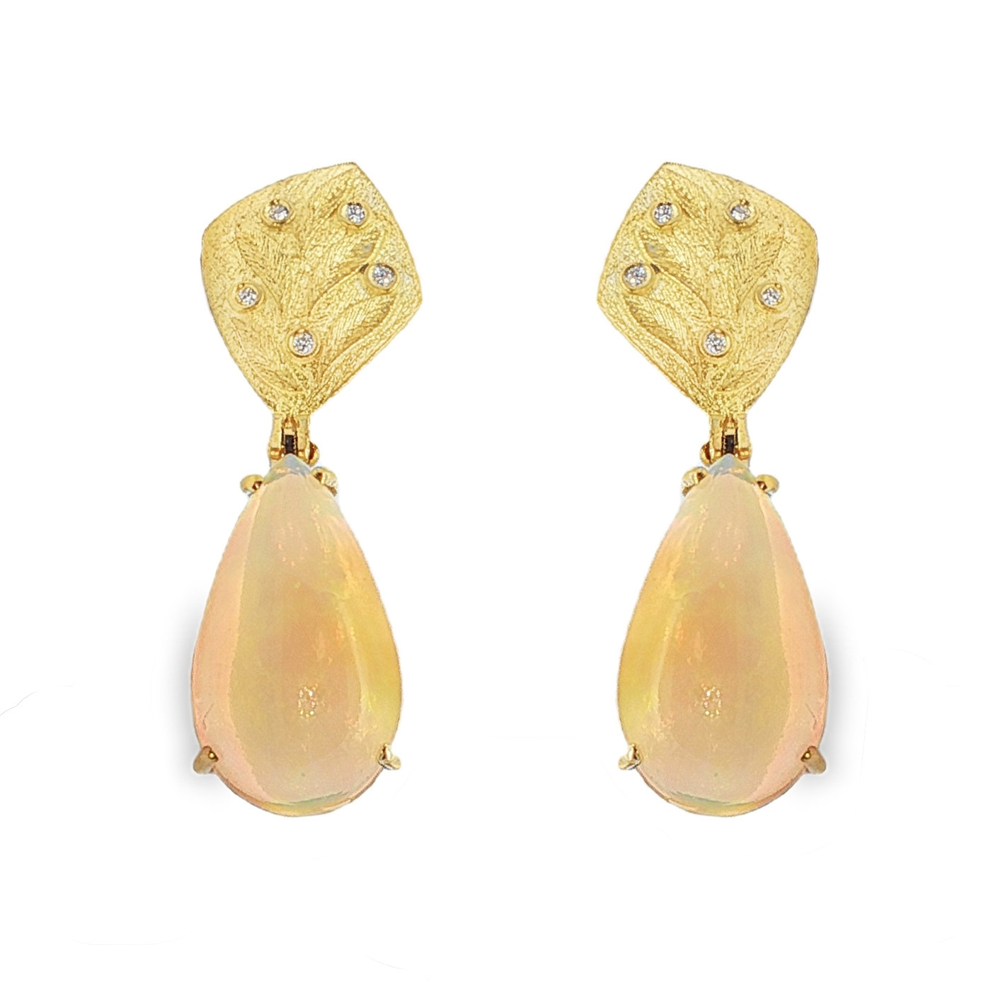 Pair of 18K Yellow Gold Earrings Set with Two Pear-Shaped Ethiopian Opals (8.22ctw) and 10 Round Diamonds (0.05ctw)