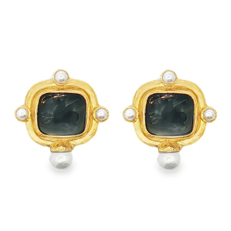 Pair of 19K Yellow Gold Venetian Glass Intaglio "Pegasus" Earrings with 8 Pearls